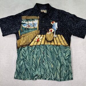 Tori Richard Hawaiian Shirt Mens Large Luau Cocktail Hammock Palm Trees Rayon